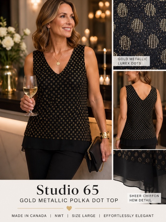 Studio 65 Tops - Studio 65 Gold Lurex Polka Dot Sleeveless V-Neck Top NWT Large Made in Canada